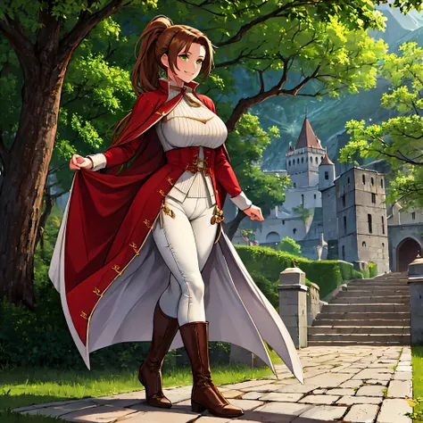 A woman wearing a long red coat from the 1900s, gold details on the coat, tight white pants, black boots, long brown hair, ponytail hair, green eyes, walking outside a large medieval castle, medieval concrete floor, trees background, mountains background, ...