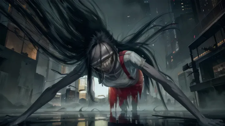 Lamentation,black hair,very  long hair,floating hair,smile, 
white shirt,red overall skirt, looking at viewer, smile,
on floor,crawling,no legs,no feet,floating,
night,night city,fog,tokyo,
(insanely detailed, masterpiece,  best quality),solo,