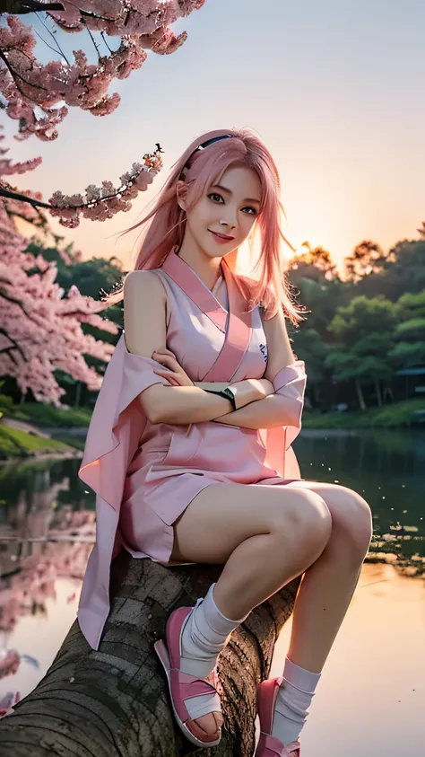 Professional photography of a beautiful girl with medium pink hair, wearing sakura clothes from naruto anime movie & that clothes completed with ninja bandana & ninja shoes, sitting on a large tree branch with arms crossed, smiling faintly, beautiful fanta...