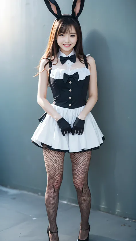 Bunny girl in maid costume:1.5，Wearing light blue fishnet tights:1.5，The best smile:1.5，Full Body Shot:1.5，Gray background:1.5，Wearing black high heels:1.5，