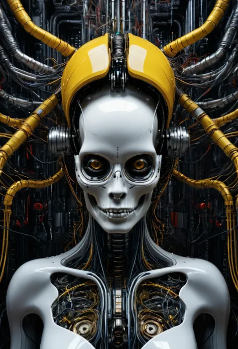 a captivating humanoid skull emerges from a sea of intricate technological components. surrounded by a labyrinth of wires, tubes...