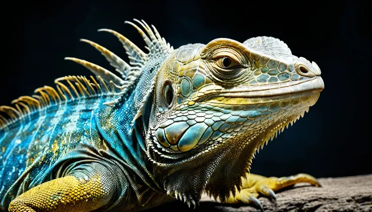 a tanning iguana closeup in blue and gold, realistic, perfect composition and chiaroscuro by Rembrandt, half body portrait, highly detailed, photo realistic, cinematic, movie still, captured in the style of Sony Alpha A7 III camera