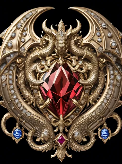 ((masterpiece、highest quality、Very detailed、Photorealistic、High resolution、Sharp focus))、((No humans))、((Elaborate coat of arms、Ruby、sapphire、diamond))、Smooth surface、Reflective surface、Dragon Head、Shiny Gold、Symmetrical、Fit the whole thing on the screen、D...