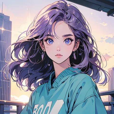 Upper Body、woman１people、highest quality、8K、The wind is blowing、Short sleeve sweater、Sunset、City of the Future、skyscraper、electric wire、pedestrian crossing、logo、line、station、(((Sparkling Eyes)))、(((Strong gaze)))、Light purple hair、Hair Length Medium、Detaile...