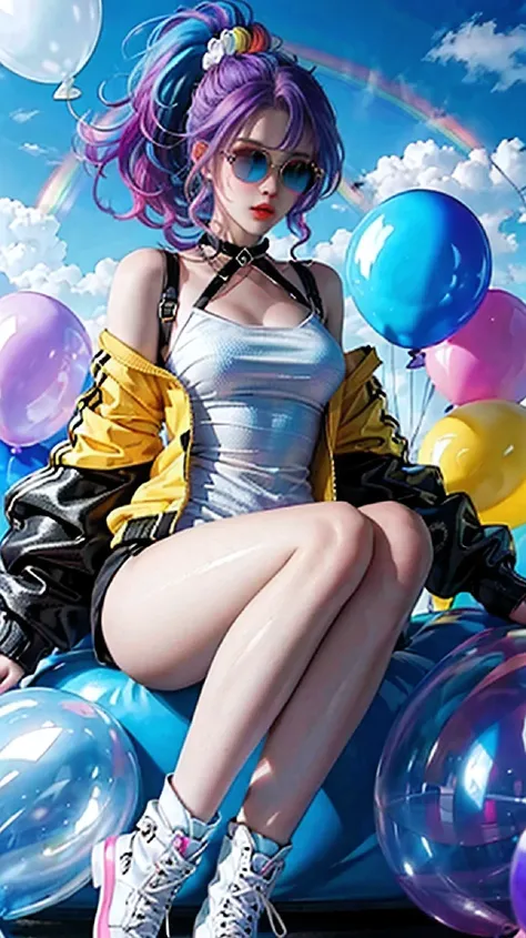 masterpiece, best quality,
1 girl, pretty and cute, (rainbow color Highlight Hair,colorful hair:1.4), wearing blue and purple sunglasses, yellow jacket with white pattern, white sweater, many colored balloons, doll face, ponytail braid, perfect detail eyes...