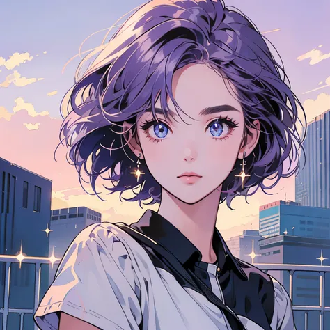 Upper Body、woman１people、highest quality、8K、The wind is blowing、Short sleeve、Sunset、City of the Future、skyscraper、electric wire、pedestrian crossing、logo、line、station、(((Sparkling Eyes)))、(((Strong gaze)))、Light purple hair、Detailed Hair、Complex background、D...