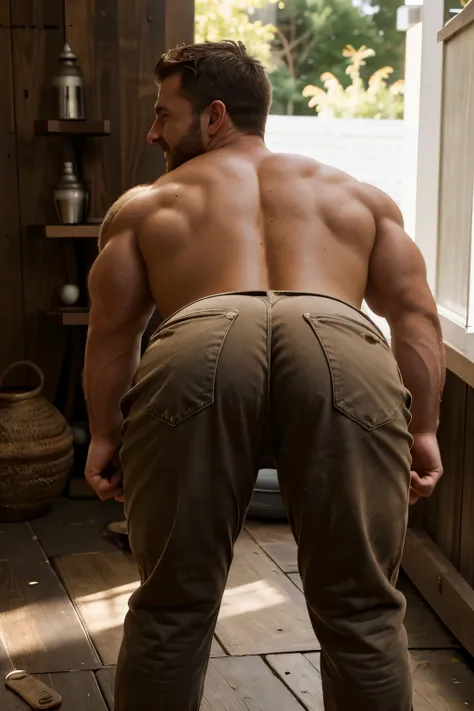 Award-winning original photoen, 30 years old man and wild muscular man, 40 years old, short beards, burly, hunk, wearing shirts, smilling happil, detailed, lovely, full body,  brown jeans (((backside))) (((bent over )))