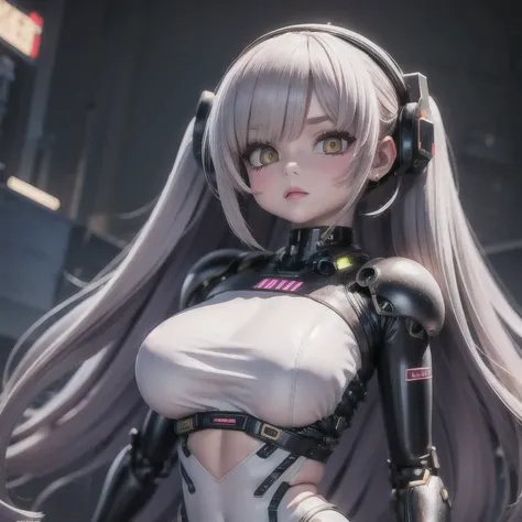 a close up of agirl in a white top and black gloves, perfect android Mean Girl, oppai cyberpunk, biomechanical oppai, perfect anime cyborg woman, beutiful girl cyborg, beautiful female android!, cute cyborg girl, perfect cyborg female, beutiful white girl ...