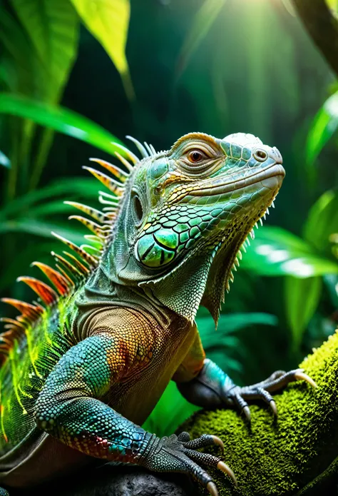 iguana in the jungle, closeup, ultra detailed, fairy lighting, photorealistic, bright colors, cinematic, movie still, captured in the style of Sony Alpha A7 III camera