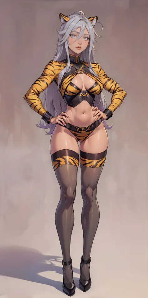 ((Masterpiece, plain background:1,2, masterpiece)) full body standing yellow tiger print stockings, hands on waist, navel (Vladilena Milize) (grey eyes:1.5) grey hair, hair between eyes, long hair