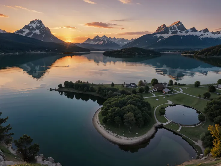 A view of a sunset over a lake and mountains 