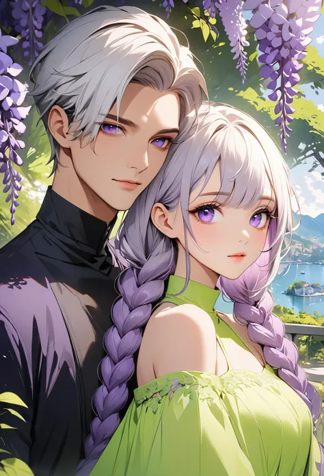 (masterpiece, best quality:1.2), handsome boy and beautiful girl，purple eyes，bright eyes，eye details，white hair - 2 long - purpl...