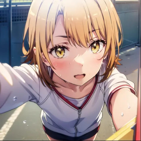 irohaisshiki, iroha isshiki, short hair, Brown Hair, (Brown eyes:1.5), smile,Open your mouth,Sweat,Wet Skin,Wet clothes,Sportswear,Bloomers,sneakers,So that the whole body goes into the illustration,running,Looking down from above,Taking a selfie from abov...