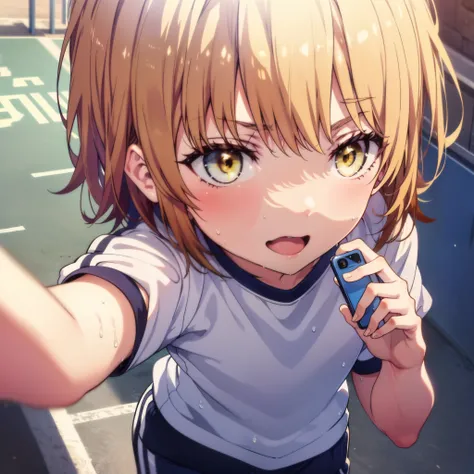 irohaisshiki, iroha isshiki, short hair, Brown Hair, (Brown eyes:1.5), smile,Open your mouth,Sweat,Wet Skin,Wet clothes,Sportswear,Bloomers,sneakers,So that the whole body goes into the illustration,running,Looking down from above,Taking a selfie from abov...