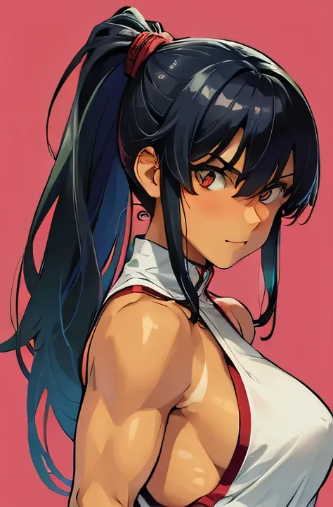 best quality,high resolution,((fighter)),(((muscle))),clothed,((tan)),tall,ponytail、Black Hair,woman