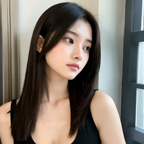 24 years Old woman, sleeveless shirt, cleavage, beauty face, Cute face, thin, long Sleek Straight hair style, medium breast, sad 