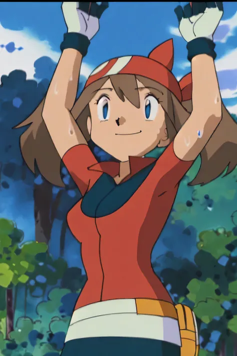 May, sleeveless,red top,sweating,smiling,forest in background, village, blue sky,moderately sized breasts, high quality, masterpiece mature appearance,armpits,sweat,sweaty,sweaty armpits,arms up,showing armpits,awesome armpits,outfit,blackish red arm warme...