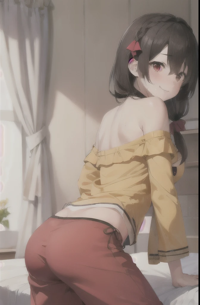 masterpiece,highest quality,High resolution,Very detailed,yes,Long Hair,Braiding,Twin tails,Hair between the eyes,Hair Ribbon,hair ornaments,Big Breasts,(Yellow off-the-shoulder pajamas with white sleeves:1.2),bed,A blushing, shy smile,Pink Pants,Sweat,Wet...