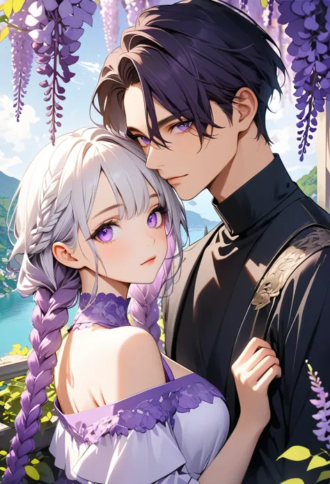 (masterpiece, best quality:1.2), handsome boy and beautiful girl，purple eyes，bright eyes，eye details，white hair - 2 long - purpl...