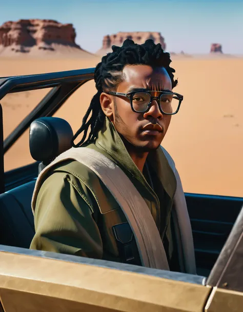 a man with glasses driving a vehicle in the desert, a character portrait, by Michael Komarck, afrofuturism, childrens gambino, face-on head shot, humvee, thick neck, anorld render, twoface, afroamerican, hyper realistic absurd, mixed-race, starwars, realis...