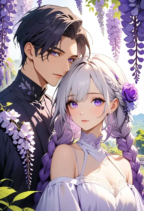 (masterpiece, best quality:1.2), handsome boy and beautiful girl，purple eyes，bright eyes，eye details，white hair - 2 long - purpl...