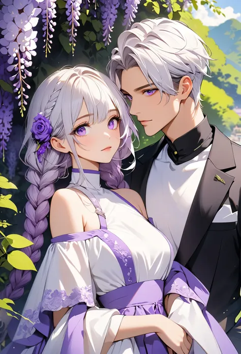 (masterpiece, best quality:1.2), handsome boy and beautiful girl，purple eyes，bright eyes，eye details，white hair - 2 long - purpl...