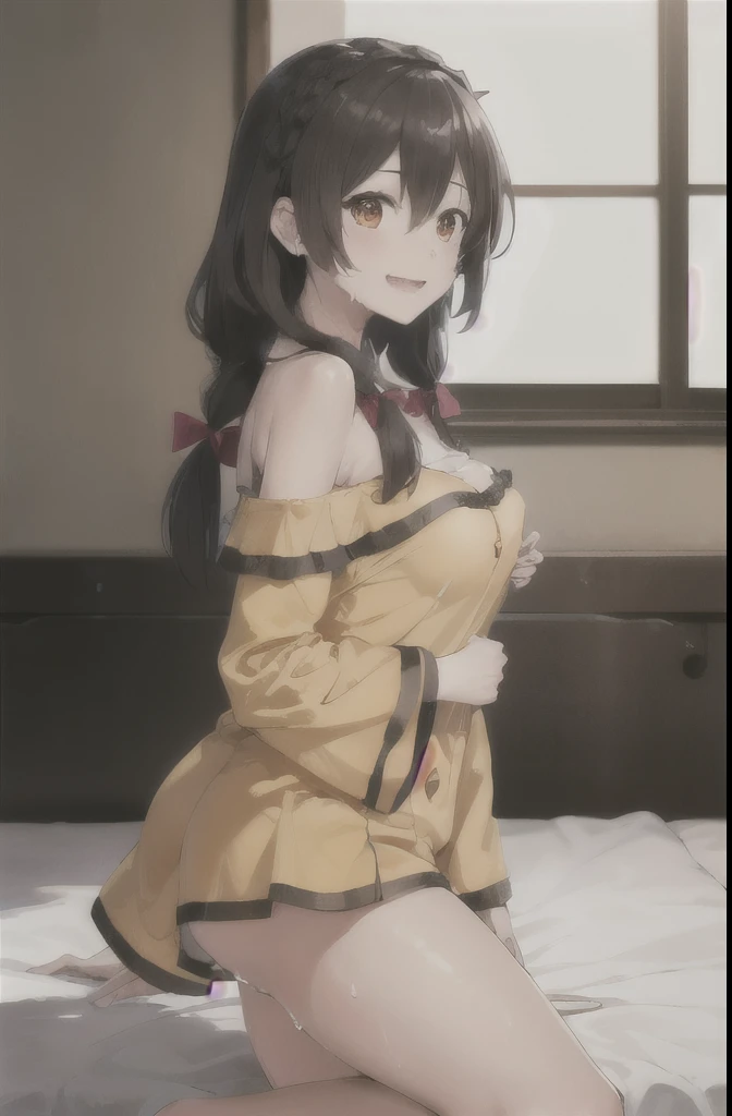 masterpiece,highest quality,High resolution,Very detailed,yes,Long Hair,Braiding,Twin tails,Hair between the eyes,Hair Ribbon,hair ornaments,slightly larger breasts,(Yellow off-the-shoulder pajamas with white sleeves:1.2),bed,The best smile,Pink Pants,No p...