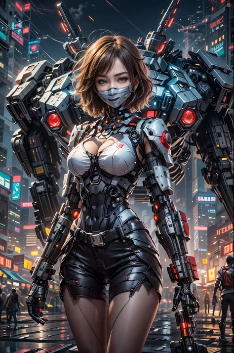 This is a CG Unity 8k wallpaper with ultra-detailed, high-resolution and top quality in cyberpunk style, dominated by black and red. In the picture, a beautiful girl with white messy short hair, a delicate face, wearing a steam mecha mask, standing on the ...