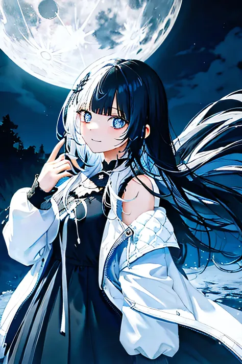 (Realistic painting style:1.1), masterpiece, best quality, absurdres, 1girl, solo, full moon, night sky, long length two-tone black and white hair, with a long strand on each side of her head ending in a tornado-like twirl, eyes are a bright, glowing light...