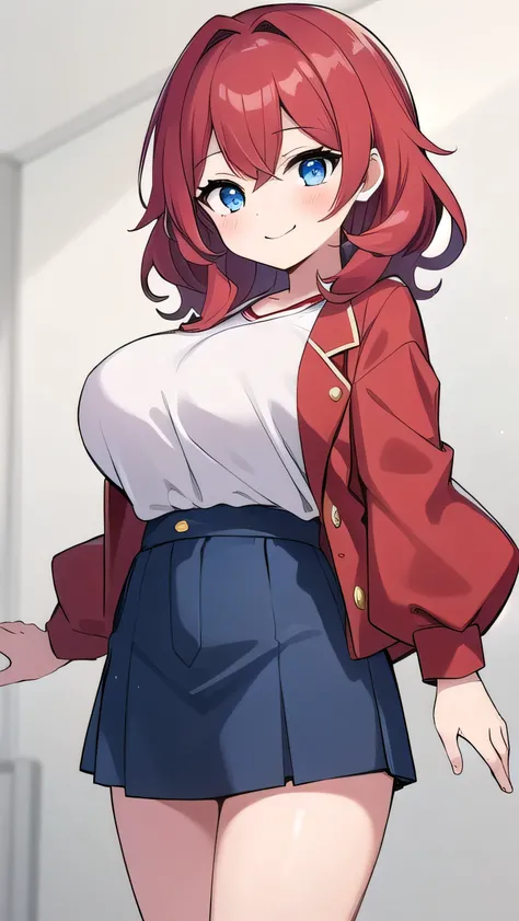 Big breasts, red hair, blue eyes, droopy eyes, red jacket, super big breasts, (medium hair: 1.1), baggy clothes, elementary school student, young face, short height, 10 years old,, shy , smiling a little, tryistraight hair，, cute clothes, 