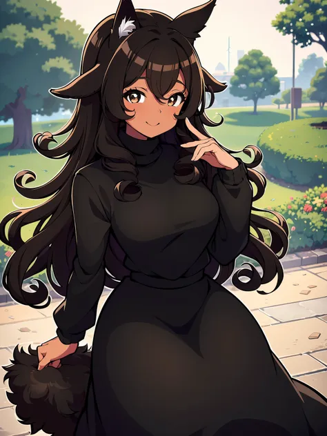 (ultra-high resolution, depth of field:1.2), 1woman, medium breasts, (dark skin), brown eyes, (long curly black hair), (dog ears), dog tail, wool sweater, long skirt, frills, smiling, park scenery