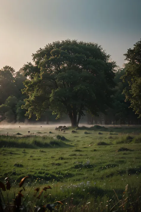 rural in the middle of the forest, fog, fantasy forest, dslr, 