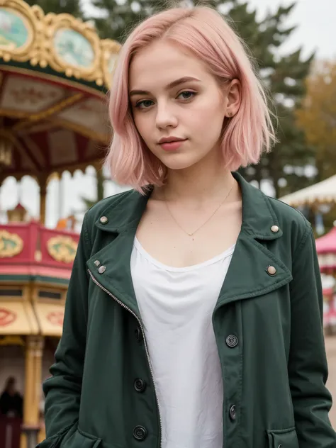 ((Best quality)), ((masterpiece)), (detailed), Beautiful face. Gloomy young girl 18 years old, Pink hair, short bob. green eyes. European appearance. full height. Black jacket, in the amusement park 