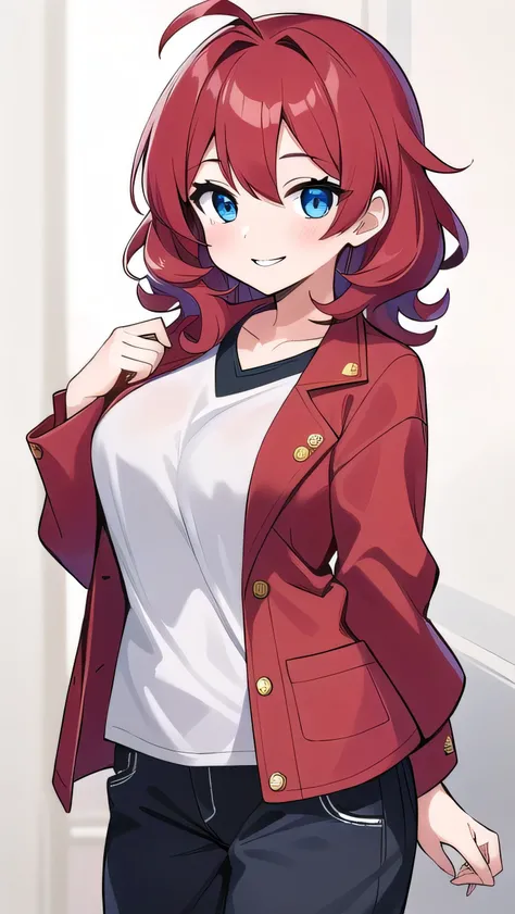 Big breasts, red hair, blue eyes, droopy eyes, red jacket, super big breasts, (medium hair: 1.3), baggy clothes, elementary school student, young face, short height, 10 years old,, shy , smiling a little, straight hair，, cute clothes, 