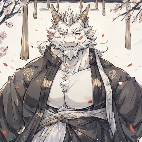 (white eastern dragon),furry,white mustache,big pecs,hearty males,muscular,black imperial robe,adult,traditional_chinese_room，head portrait