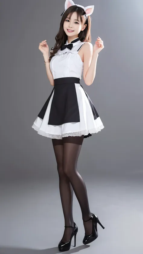 bunny girl in a colorful maid outfit:1.5，wearing black tights:1.5，the best smile:1.5，full body shot:1.5，gray background:1.5，wear...