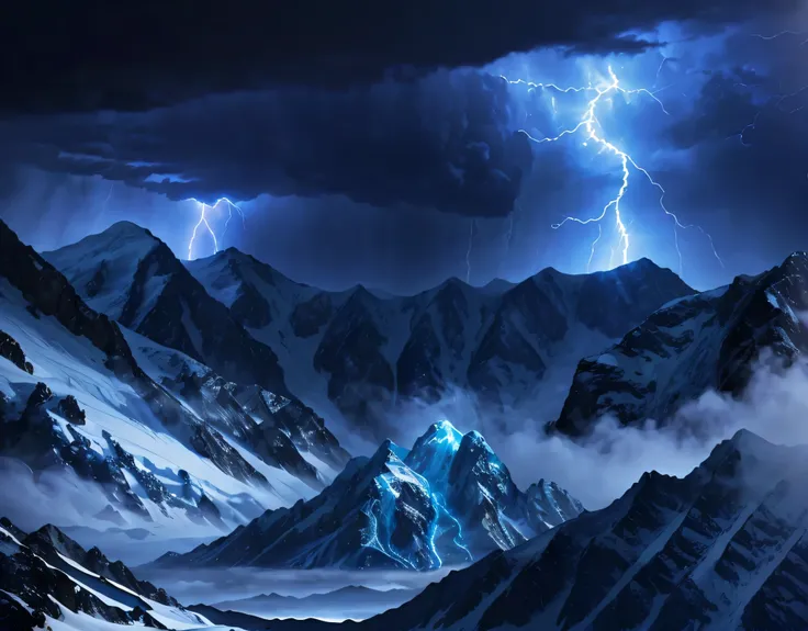 Close-up shot of a lightning bolt、Multiple violent lightning strikes、Rugged Mountain々、The mountain was covered with snow々、(Ultra-realistic:1.2), High resolution, (Bright colors, High resolution:1.1), (Sharp focus:1.1), (Physically Based Rendering:1.1), Tyn...