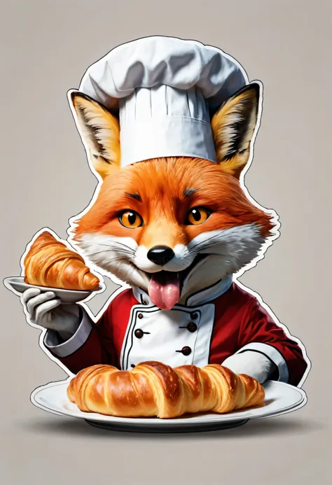 stickers of the character stern Fox in a chefs hat holds a plate of French croissants and licks his lips in the style of Vladimir Suteev