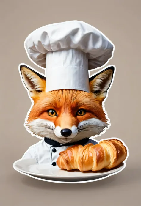 stickers of the character stern Fox in a chefs hat holds a plate of French croissants and licks his lips in the style of Vladimir Suteev