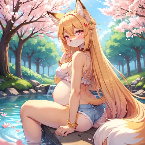 best quality,best resolution,(fluffy anthro furry :1.6),fox girl, yellow hair,medium breasts,pink eyes,glowing eyes, long hair,wavy hair,messy hair,light orange fox ears,heart collar,grey bracelet,sakura hairpin,denim short,white camisole,huge sakura pond,...