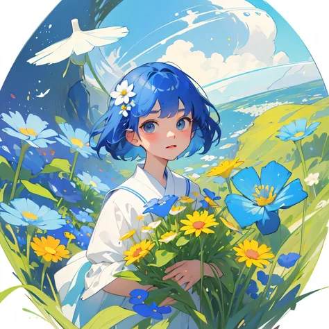 (highest quality、masterpiece、Surreal)、Portrait of a delicate girl with short blue hair、Playful and cute、There are floating flower petals in the background、Holding the Earth in Your Arms、universe、flower