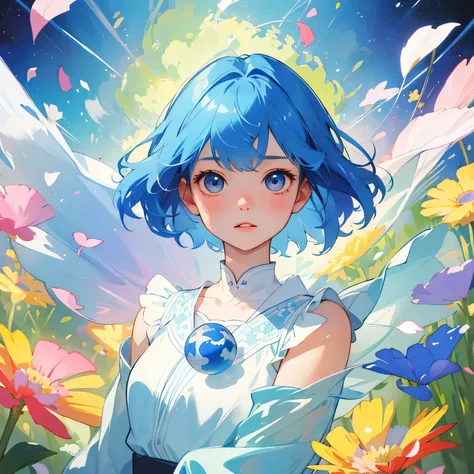 (highest quality、masterpiece、Surreal)、Portrait of a delicate girl with short blue hair、Playful and cute、The background is space、Floating petals、Holding the Earth in Your Arms