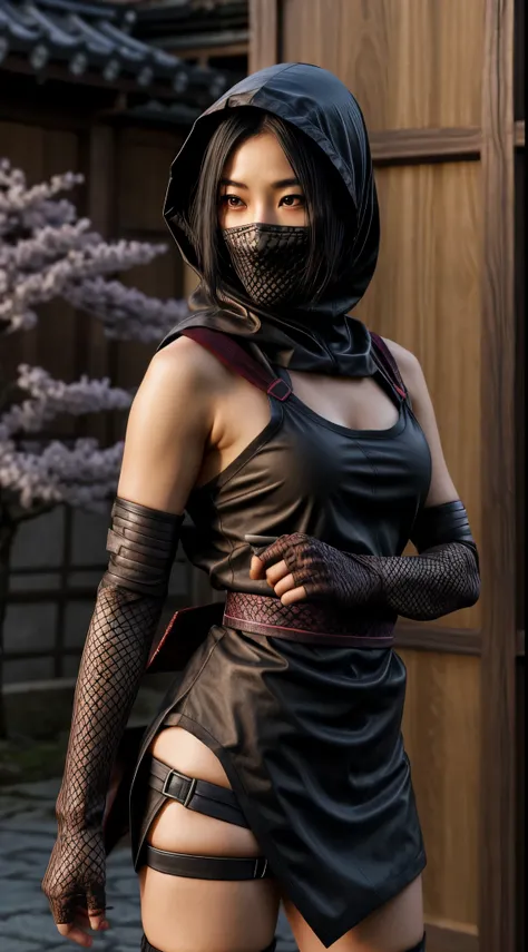 female shinobi with shoulder armor, asian, long black hair, brown eyes, hooded, fishnets, ninja garb, sakura background, japan