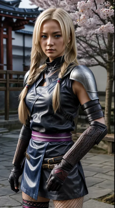 female shinobi with shoulder armor, cauasian, long blonde hair, blue eyes, fishnets, ninja garb, sakura background, japan