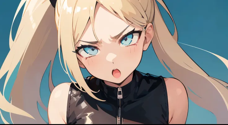 Sleeveless、No sleeve恥ずかしい、Embarrassed、Only the face、Face Up、1 person、No sleeve、Ahegao、ponytail、blonde、amount、Blue Leather Shirt、Sara、No sleeve、best quality, super fine illustration,(((beautiful fine hair))),(((beautiful fine face))),(((beautiful fine backg...