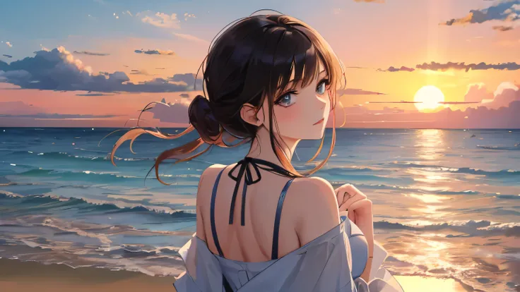 sunset,Beautiful girl looking at the sea,Back Shadow,Beachside one piece Backwards, highest quality detailed face Gazing at the sea