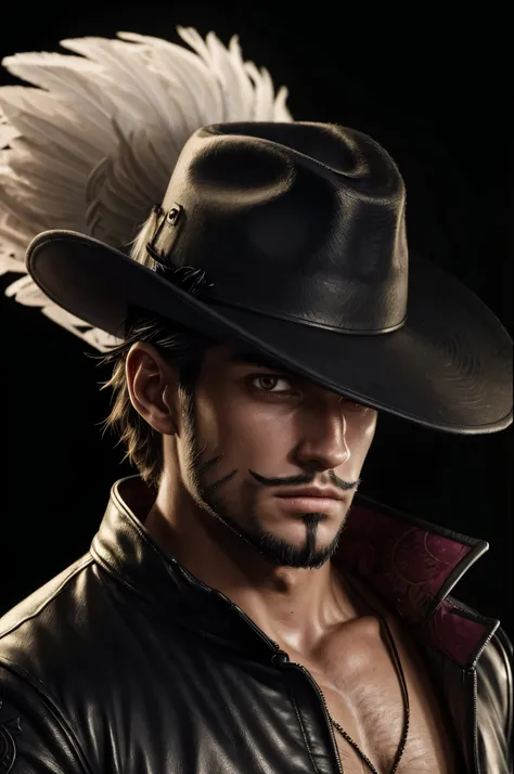 masterpiece, best quality, extremely detailed, hyperrealistic, photorealistic, a cool 40s man, ultra detailed face:1.2, black hat with feathers, extreme close-up shot, black background:1.1, serene
