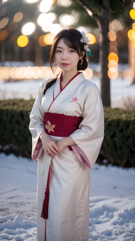 (masterpiece, best quality:1.2), 1girl, solo, thick body, wearing japanese kimono dress, parewaface, standing against snow city,...