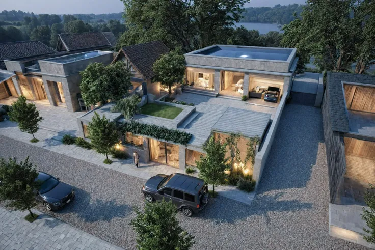 maison de ville, LED light, projector'Outside, (style moderne:1.2), (Toit ouvert pour voir le ciel), design Outside, vue de perspective, (toit ouvert), pavement, route des rues alphalt, (la maison du voisin d'Beside), (fond de ciel clair aube), Arb...