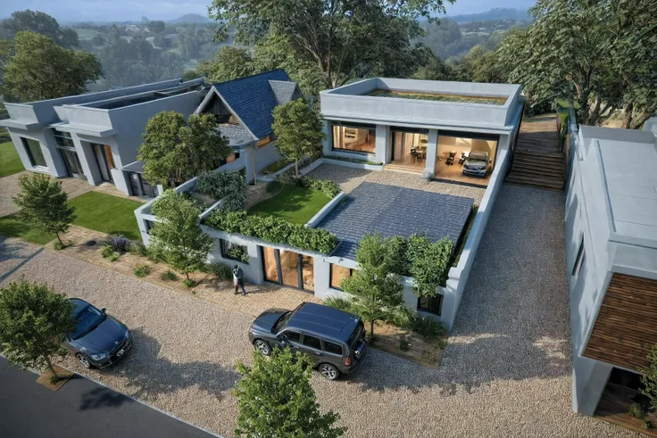 maison de ville, LED light, projector'Outside, (style moderne:1.2), (Toit ouvert pour voir le ciel), design Outside, vue de perspective, (toit ouvert), pavement, route des rues alphalt, (la maison du voisin d'Beside), (fond de ciel clair aube), Arb...